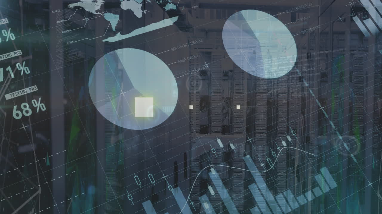 animación de la interfaz infográfica sobre puntos conectados sobre bastidores de servidores de datos en la sala de servidores