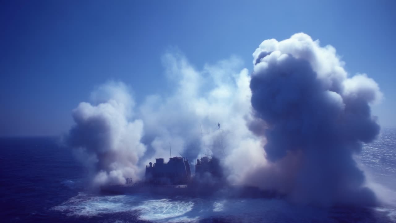 Veduta aerea di una colonna di fumo esplosiva che emana da una nave nell'oceano, circondata da dense nubi di fumo contro un cielo azzurro chiaro.