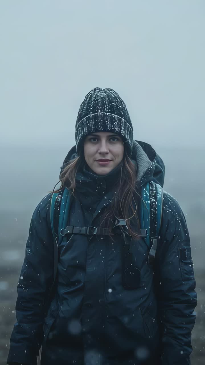 Vertical video: Standing woman facing camera in fog, camera zooming, snow landing on beanie on walk