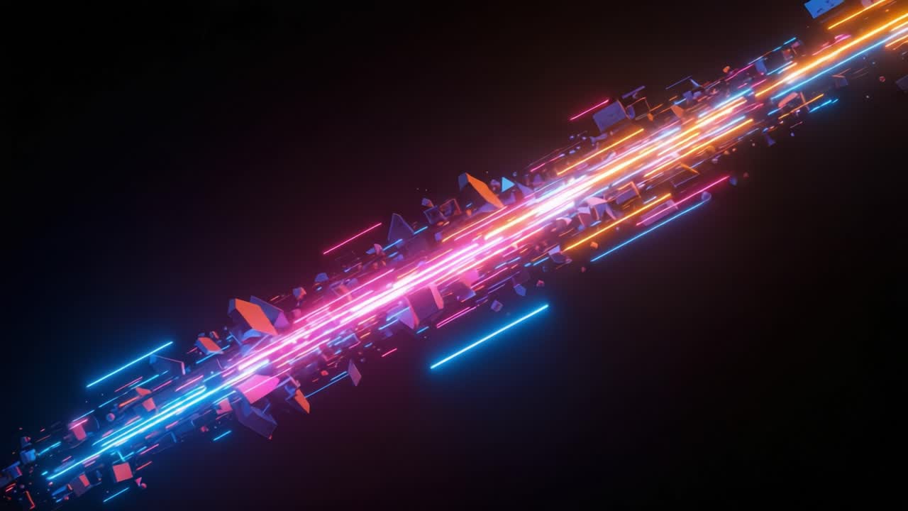 Dynamic light patterns fill the screen with vivid colors and energetic movement. Bright trails in shades of blue, pink, and orange twist and merge, creating a sense of motion and depth. The interplay of light and shadow against a dark background enhances the visual impact, making the scene feel aliv