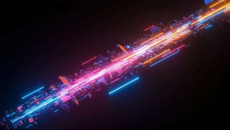 dynamic light patterns fill the screen with vivid colors and energetic movement. bright trails in shades of blue, pink, and orange twist and merge, creating a sense of motion and depth. the interplay of light and shadow against a dark background enhances the visual impact, making the scene feel aliv