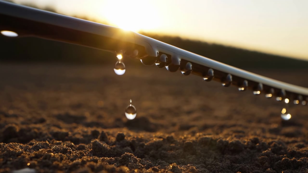 Primo piano dal basso di una linea di irrigazione a goccia lucida che attraversa in diagonale un terreno agricolo secco all'ora d'oro, con goccioline chiare che si raccolgono su emettitori distanziati uniformemente e una retroilluminazione calda e morbida