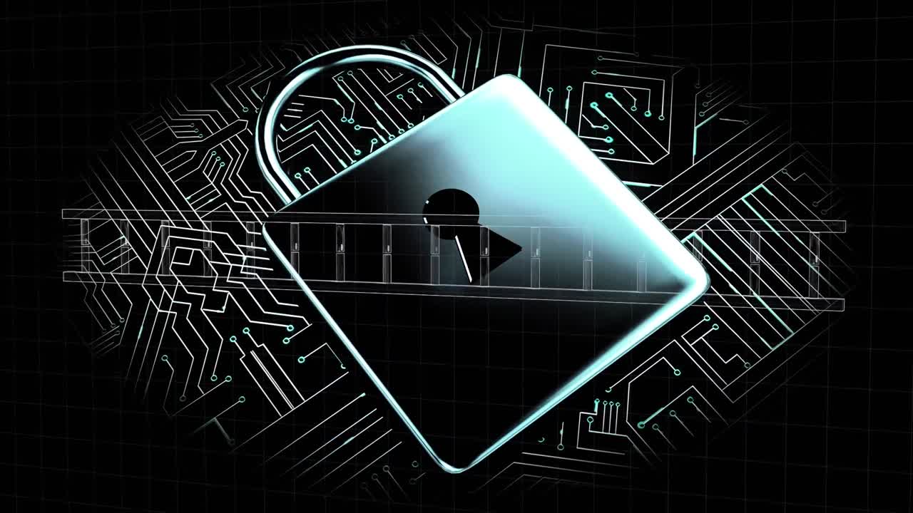 animación del candado de seguridad en línea, placa de circuito sobre la hilera de adn girando
