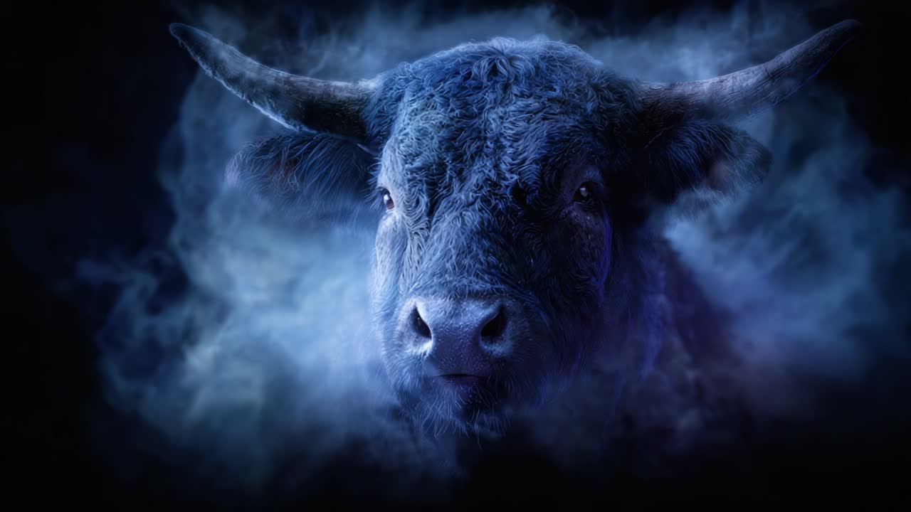 Mysterious Blue Bull Surrounded by Ethereal Smoke: A Striking Visual Experience of Power and Majesty Captured in an Enigmatic Atmosphere