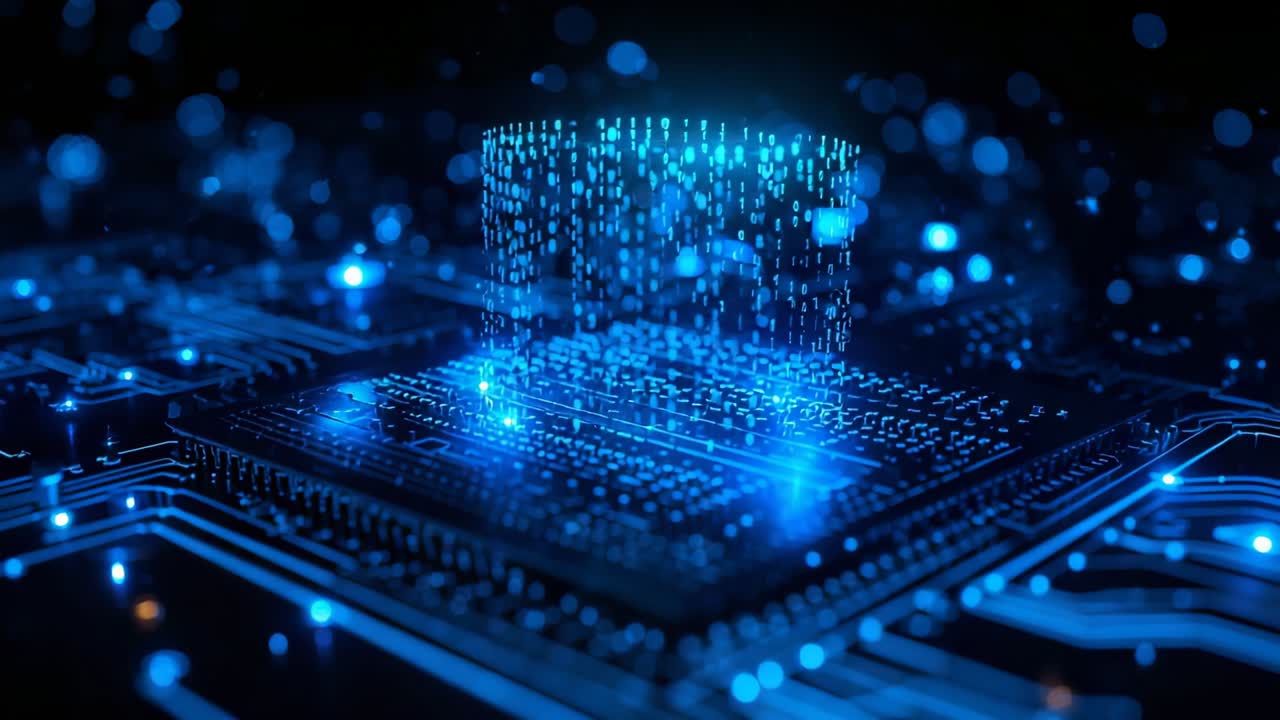Activating chip displaying holographic binary column rising on circuit board, LED nodes flickering