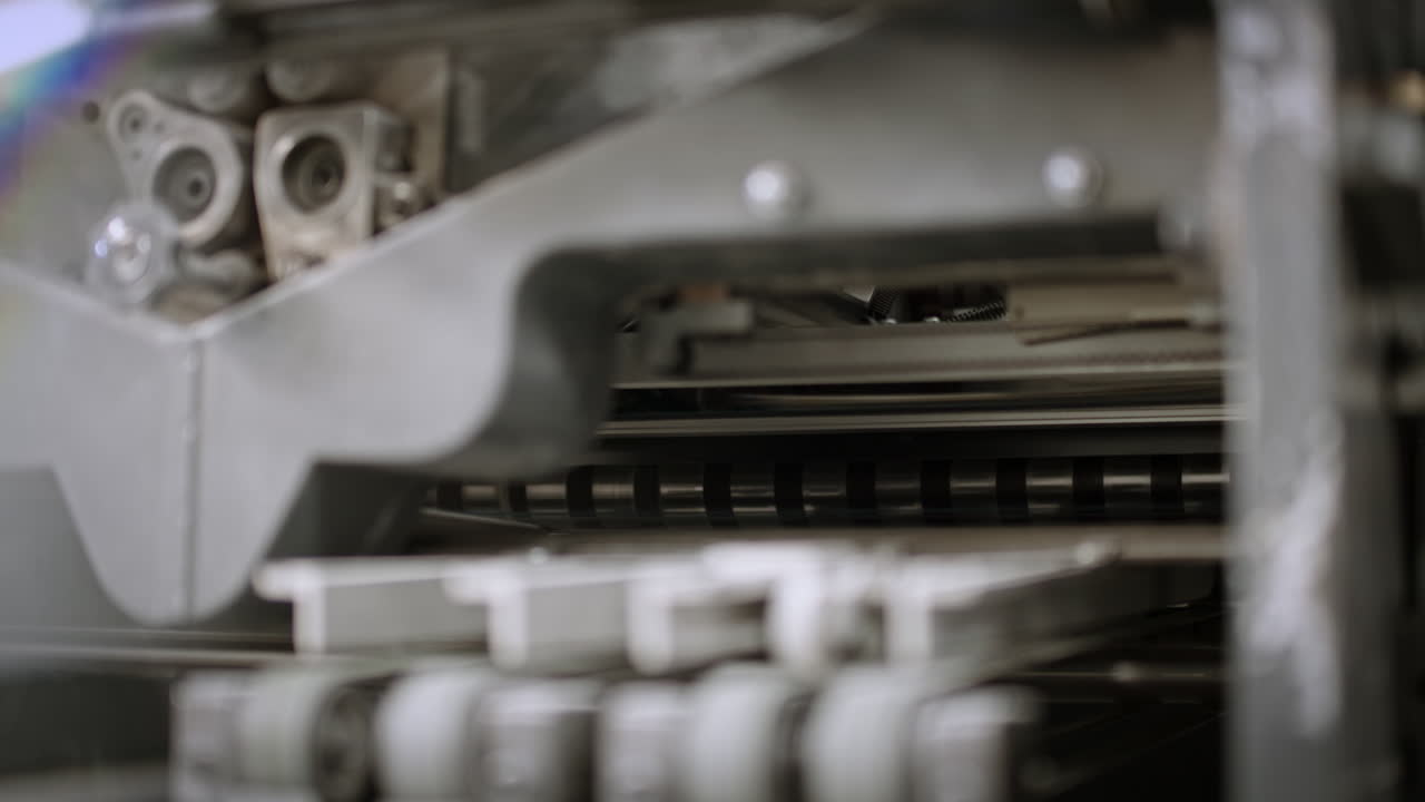 крупный план печатной машины, бумага движется по производственной линии, движется справа
