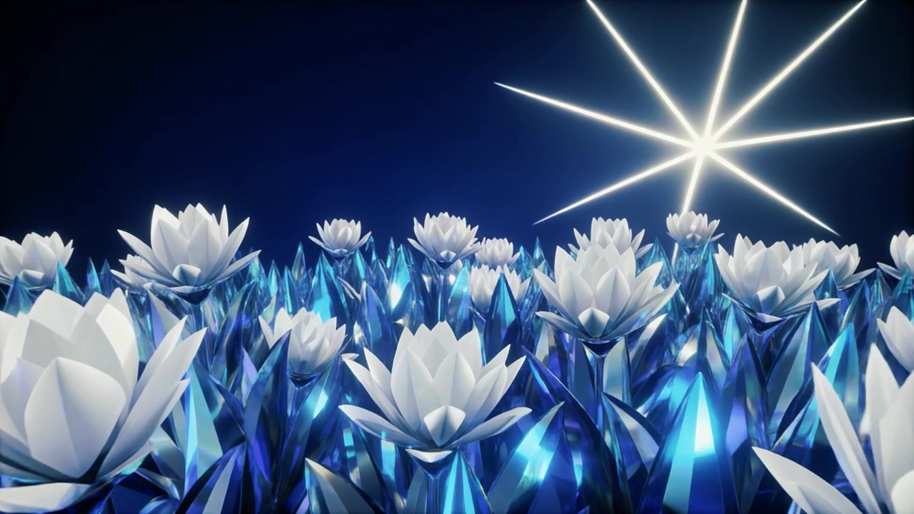 Abstract Field of Glowing White Flowers and Blue Crystal Leaves