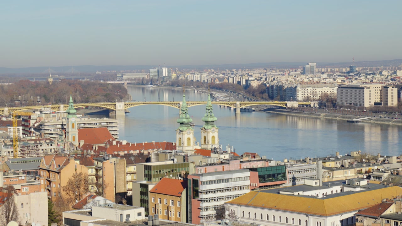 Budapest cityscape with Margaret Bridge over Danube River and urban skyline panorama