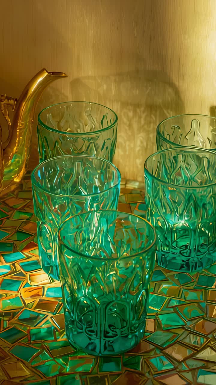 Video verticale: Luce in movimento che proietta un gruppo di bicchieri goffrati color verde acqua su un tavolo piastrellato di casa con un beccuccio dorato.