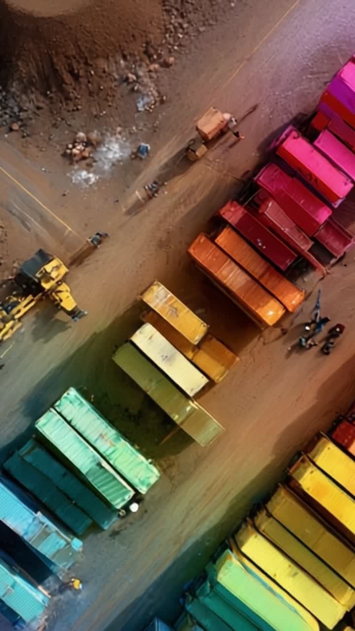 Aerial View of Colorful Shipping Containers Lined Along a Dusty Road with Workers and Machinery in Action Highlighting a Busy Logistics Hub