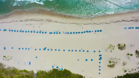 drone aéreo disparado mirando directamente hacia abajo en la playa de la isla del cantante con paraguas y turistas como las olas chocan contra la arena del océano atlántico cerca de west palm beach florida