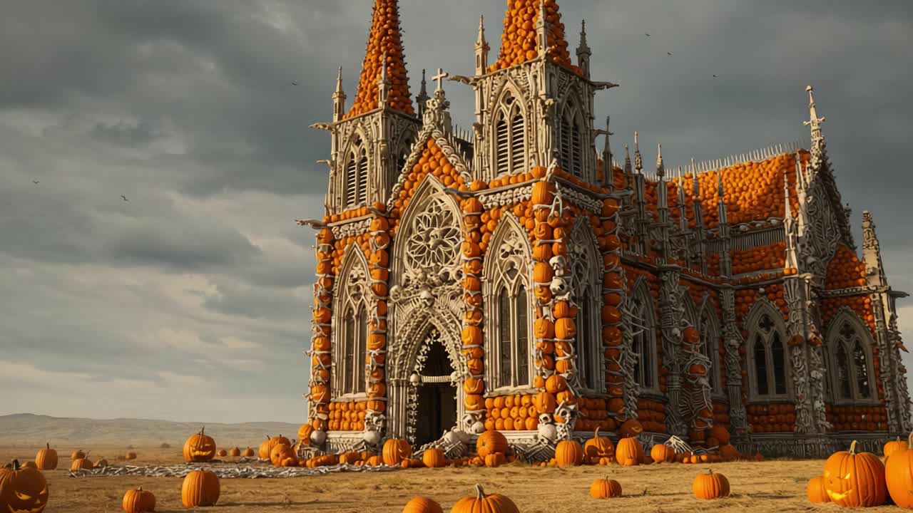 A Stunning Gothic Pumpkin Cathedral Surrounded by a Gloomy Landscape, Bathed in Autumn Light, Eliciting a Mysterious Halloween Atmosphere and Captivating Imagery