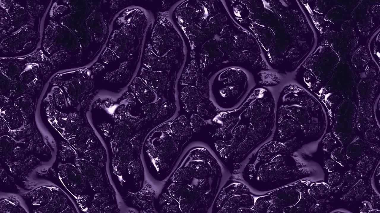 A close-up view of a dynamic black and purple abstract pattern on a dark background. It features intricate jagged lines and scattered circular shapes creating a mesmerizing visual effect