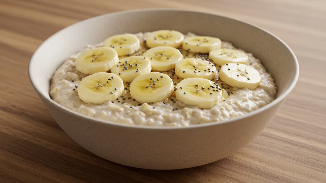 Delicious bowl of oatmeal topped with fresh banana slices, sprinkled with poppy seeds, providing a nutritious and appealing breakfast option for everyone