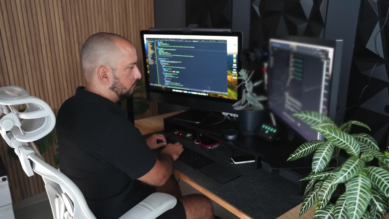 Timelapse Remote Hispanic IT Programmer Working on Desktop Computer