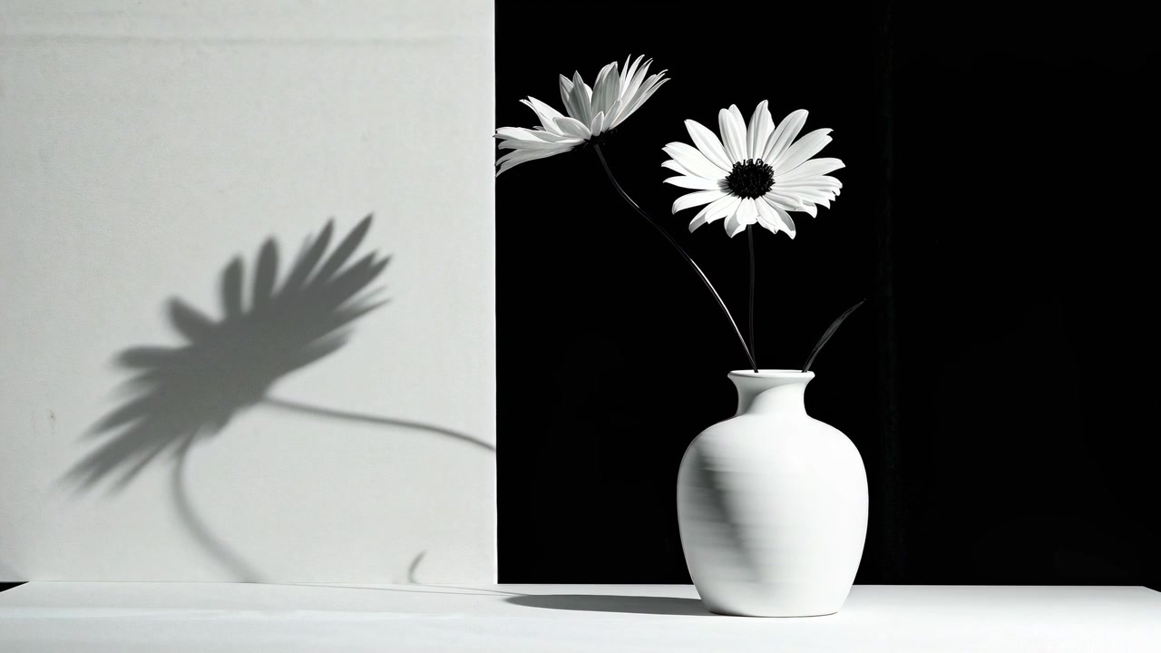 White Daisies in a Vase Against a Split Black and White Background