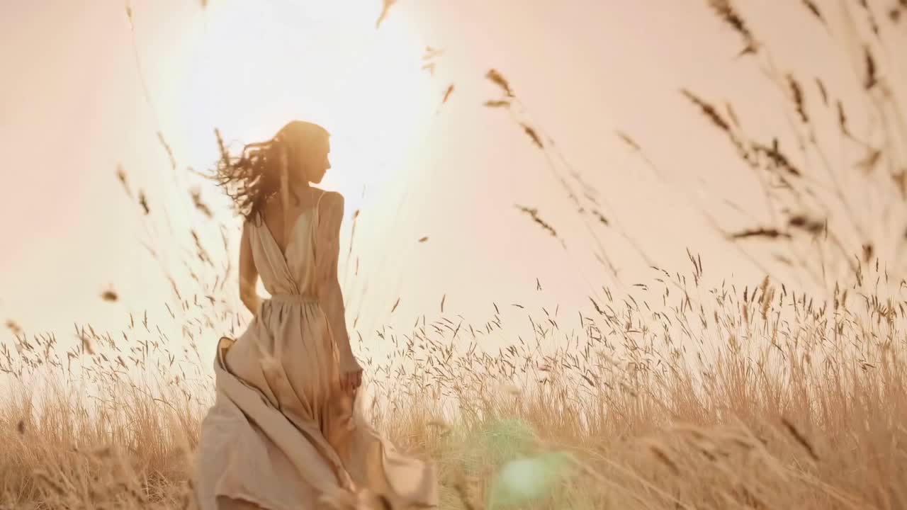 Un fermo immagine video cinematografico mostra una donna con un abito svolazzante che cammina attraverso un campo illuminato dal sole.