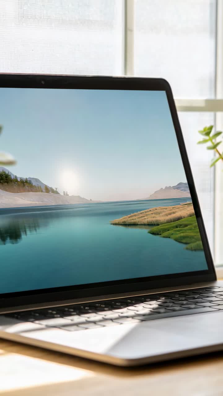 Vertikal video: Kamera panorerer og afslører åben bærbar computer på skrivebord ved vindue, viser plante, lysrefleksion