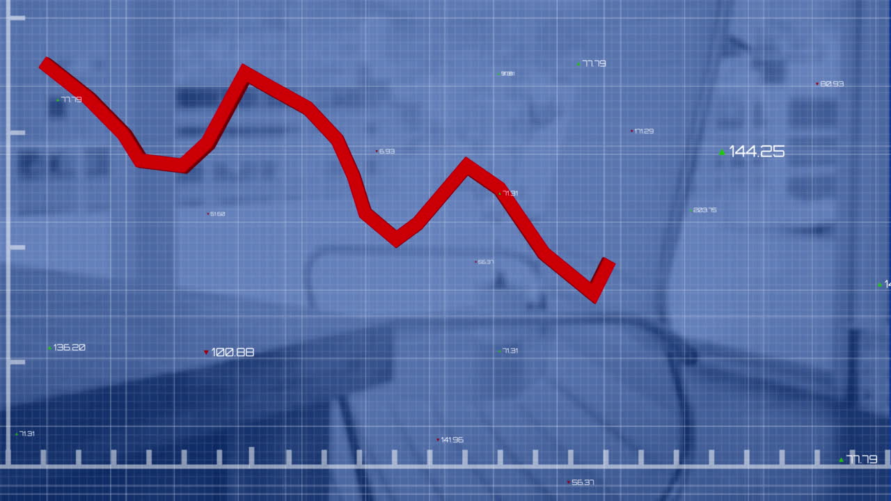 Animazione di un grafico rosso con numeri che cambiano su un motivo a griglia, su una scrivania e una sedia vuota.