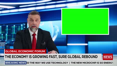 newsroom tv studio live news program: caucasian male presenter reporting, green screen chroma key screen picture. television cable channel anchor talks. network broadcast mock-up playback