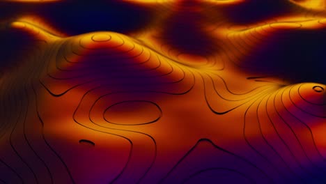 fondo abstracto del concepto de mapa topográfico. rayas del mapa de contorno. valles y montañas. concepto de geografía. telón de fondo ondulado. luz de neón mágica línea de remolino curvo. animación 3d de bucle sin costuras