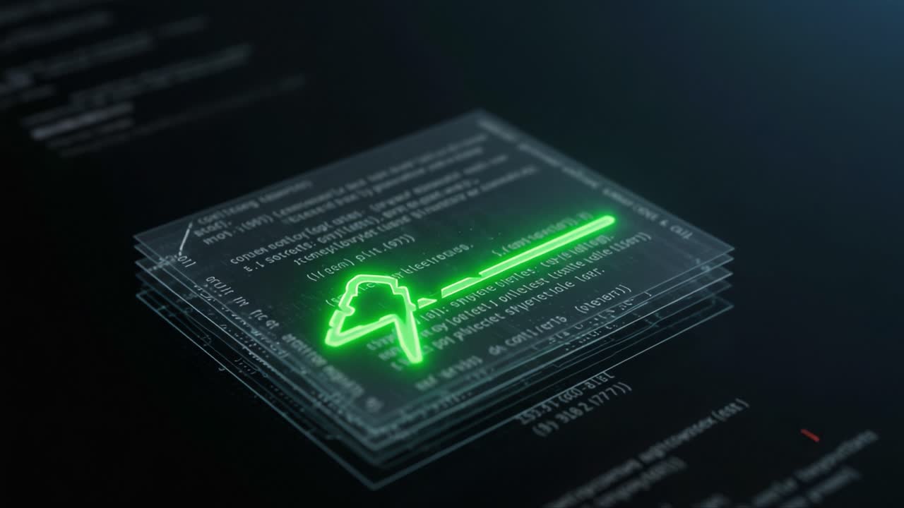 Digital Interface Displaying a Green Neon Key Icon on Transparent Overlaid Panels with Code and Data, Suggesting Security and Technology Themes in a Futuristic Context