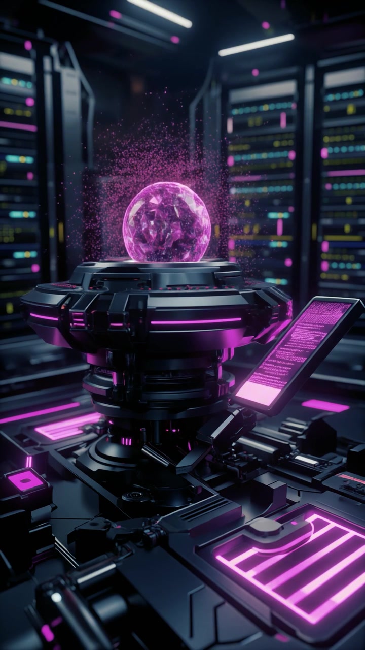 Futuristic Data Core with Glowing Pink Holographic Sphere in Server Room