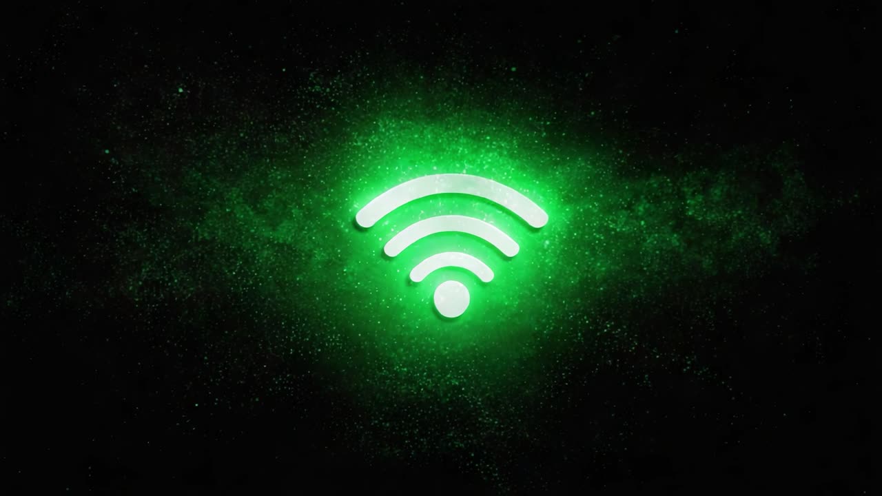 Una Mozzafiato Visualizzazione Astratta di un Simbolo Wi-Fi Verde su uno Sfondo Cosmico Scuro, Rappresentante Connettività e Tecnologia in Stile Futuristico