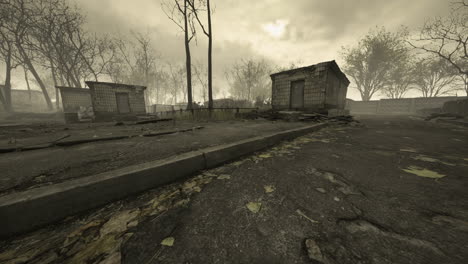eerie abandoned neighborhood with barren trees and cloudy skies