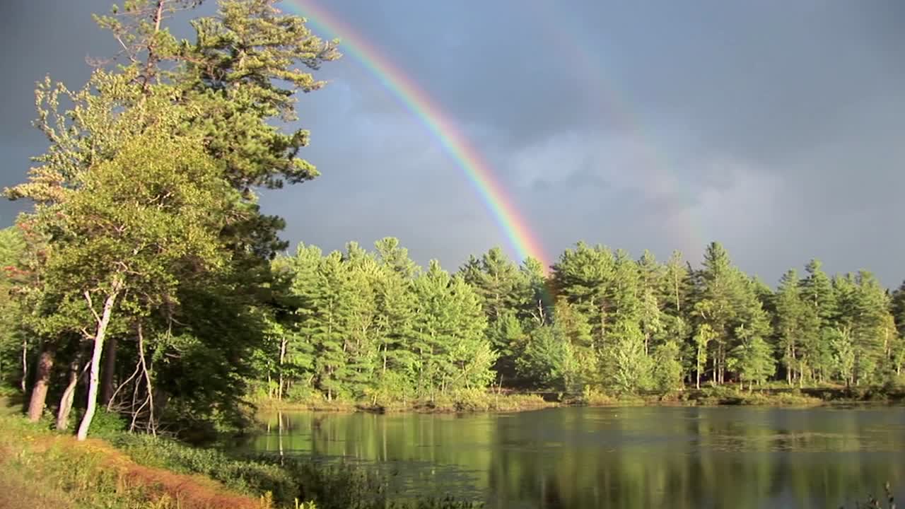 un arco iris sobre un bosque y cerca de un lago en la zona rural de maine 1
