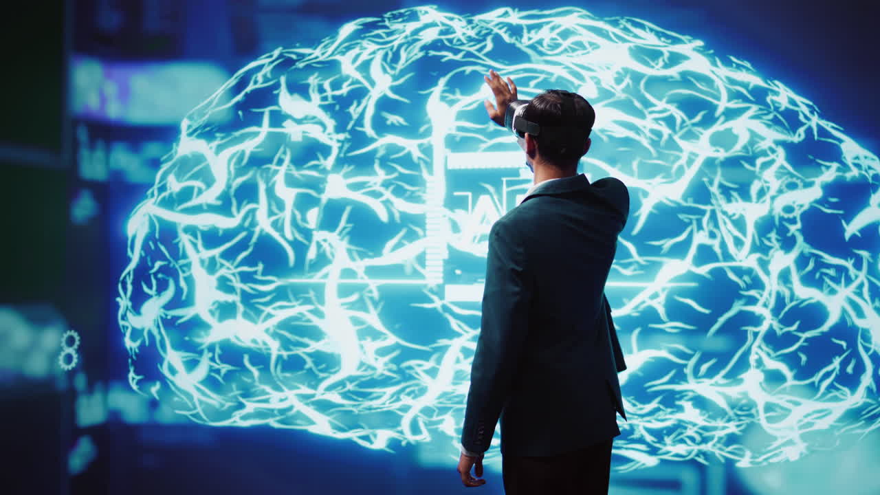 científico informático con auriculares vr interactuando con la visualización de la ia