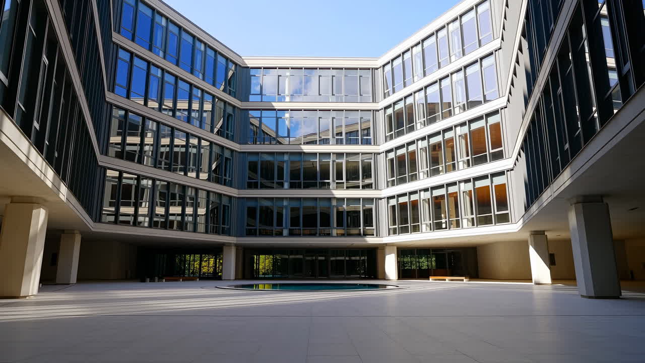 Cortile di un moderno edificio con finestre riflettenti