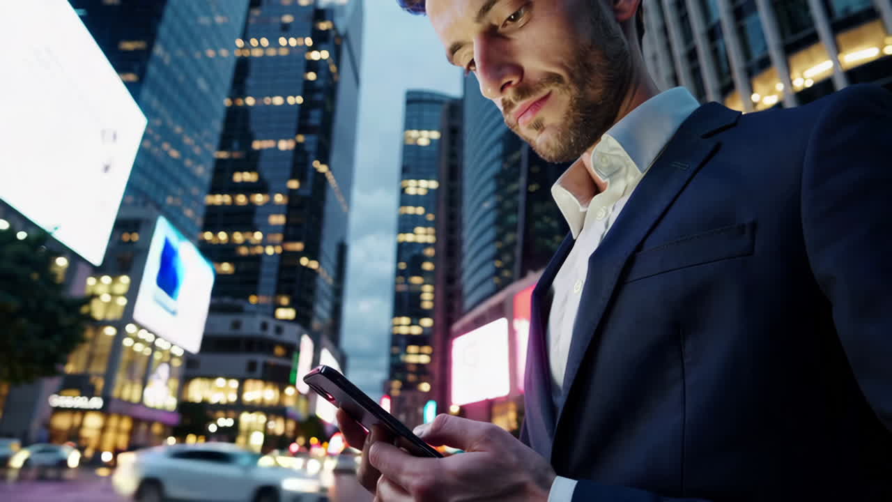 Businessman using smartphone in a city at night