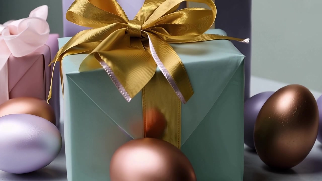 Eleganti scatole regalo pastello con nastri dorati e uova metalliche