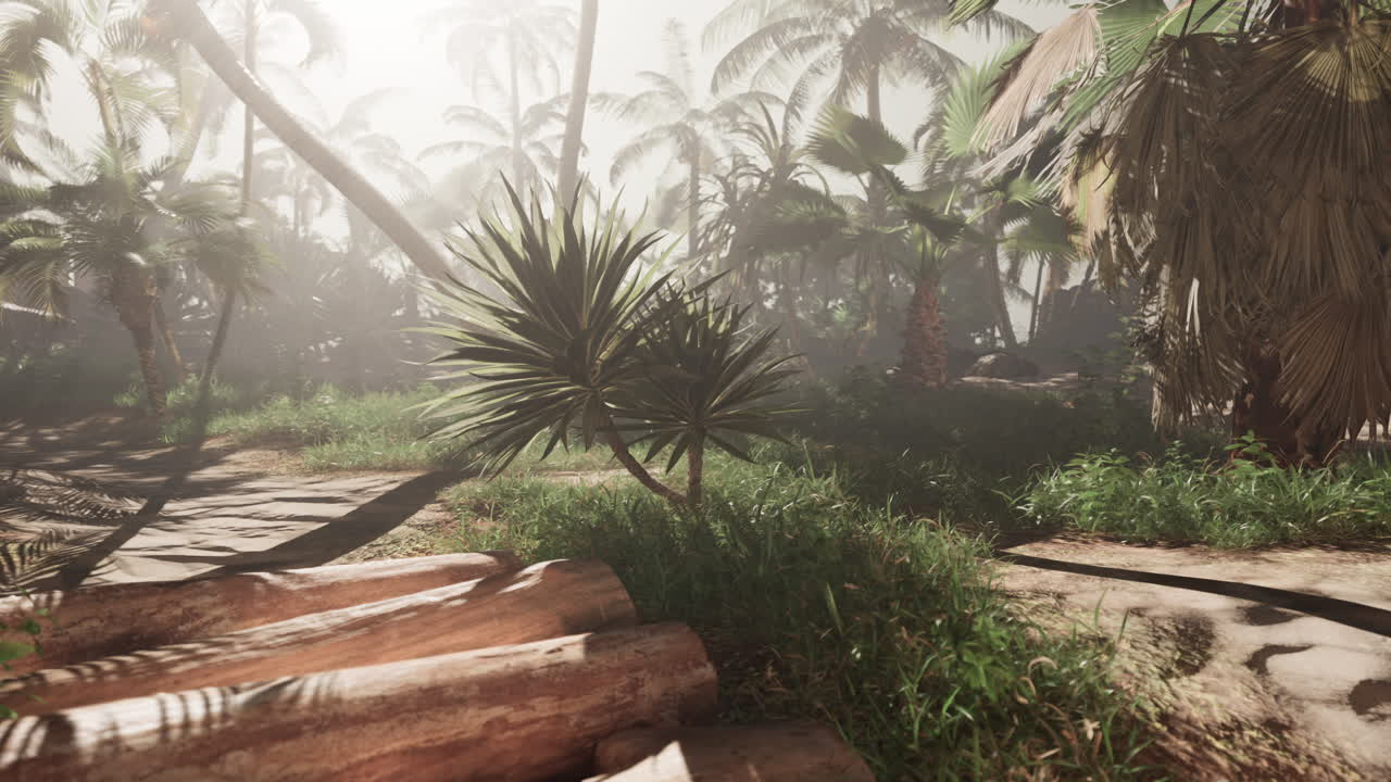 bosque tropical con luz solar y niebla