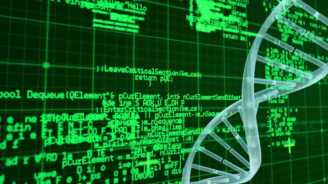 녹색과 검은색 공간에서 데이터 처리를 통해 dna 사슬의 애니메이션