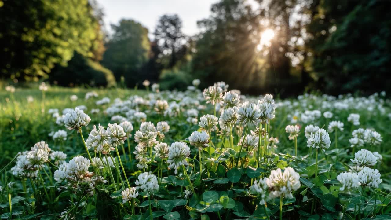 A Tranquil Afternoon in Nature: A Lush Field of White Clover Blooms Bathed in Golden Sunlight Amidst a Serene Forest Backdrop