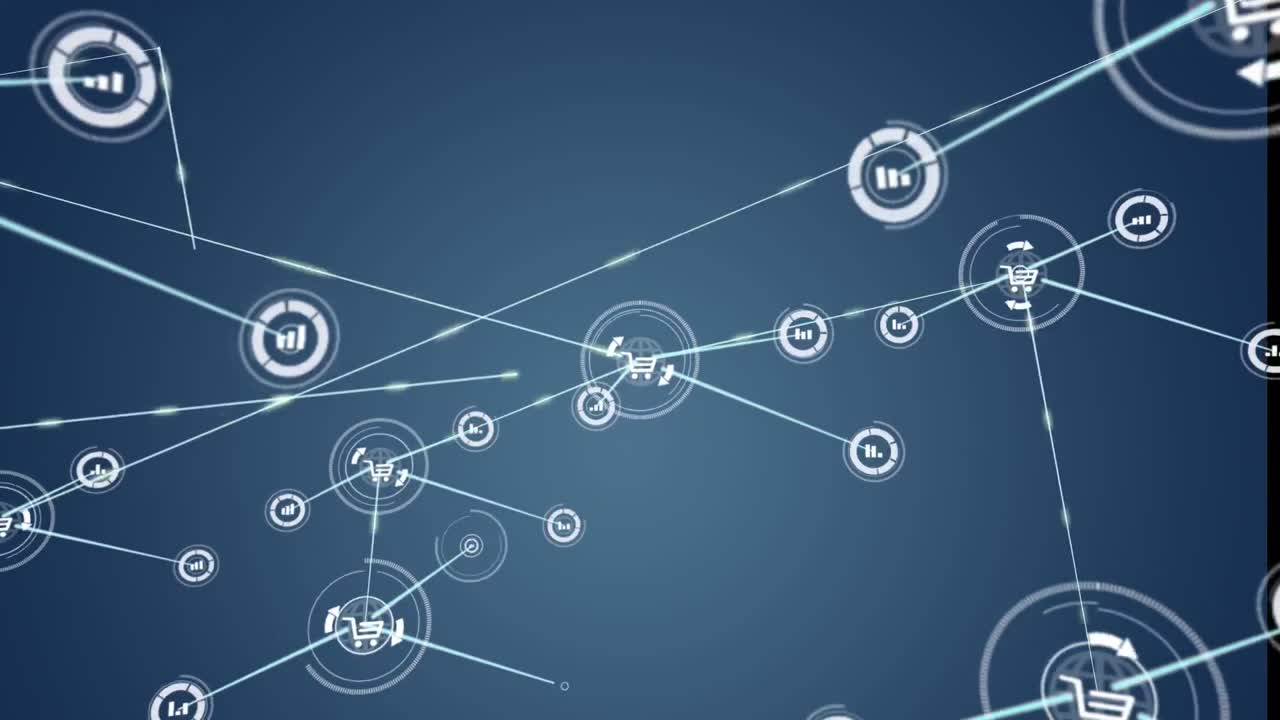 animación de iconas de carrito de compras y gráficos de barras que se conectan con líneas sobre fondo azul