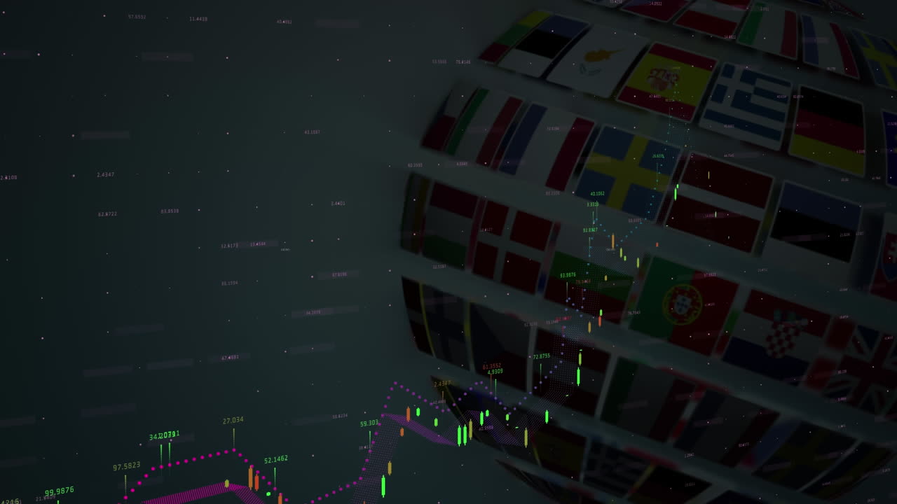 animación del procesamiento de datos en todo el mundo con banderas nacionales.