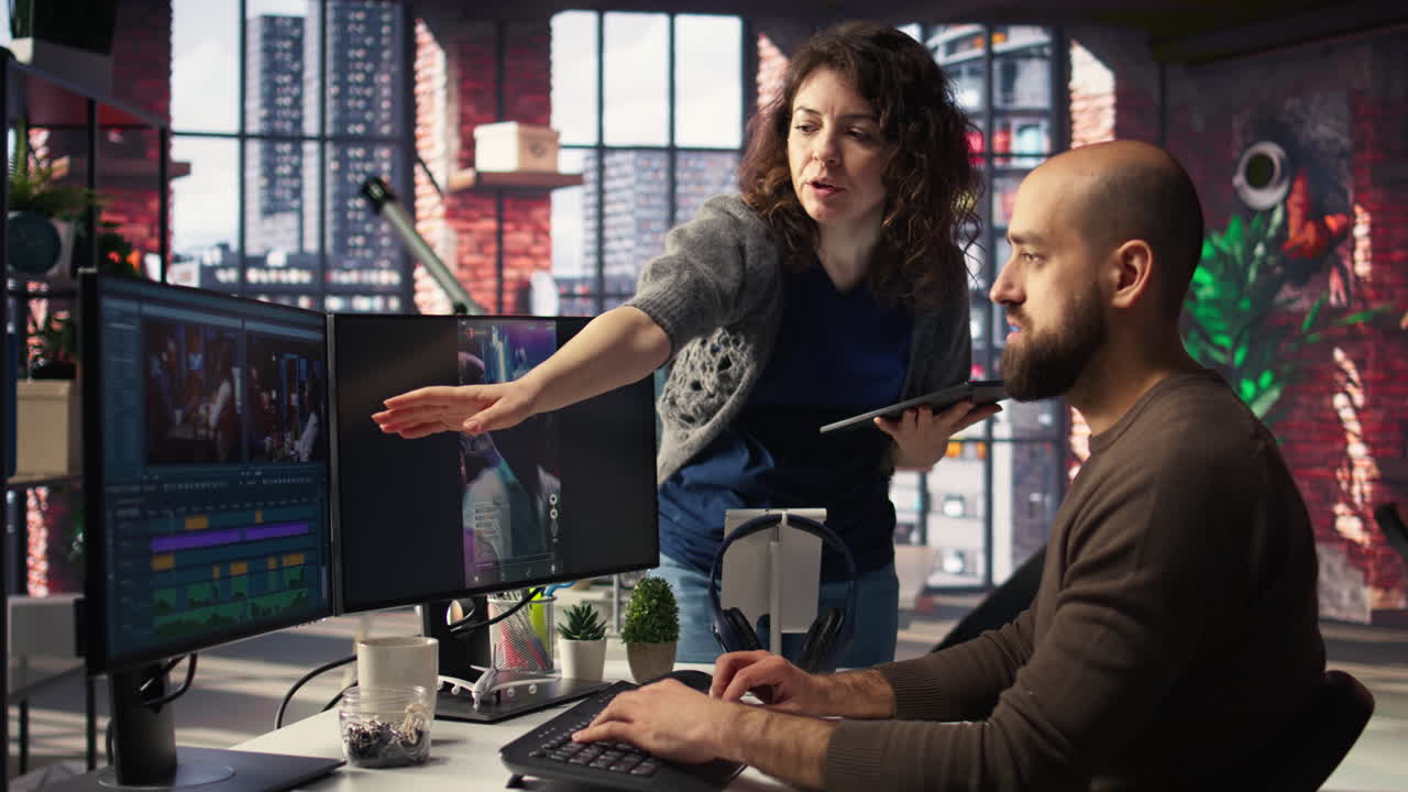 Professional editor uses AI powered software and PC reels in a creative office