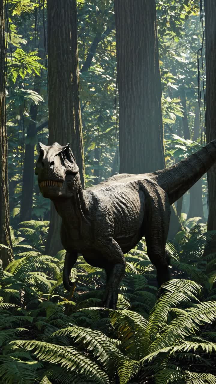 A realistic video scene of a dinosaur in a lush forest, captured from a low-angle