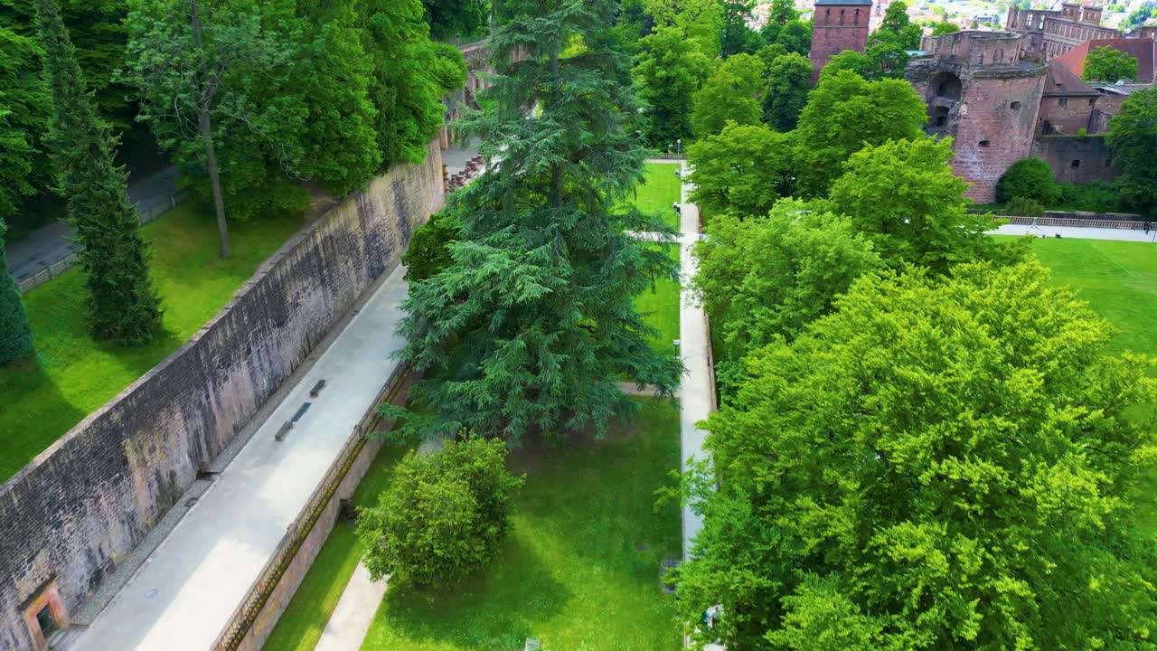 4K Aerial Drone Video of Gardens Surrounding the Historic Castle on Königstuhl Hill overlooking Heidelberg, Germany