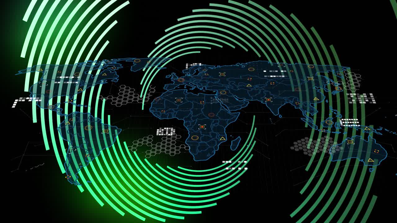 Animation of world map and school numbers over green spiral on black background