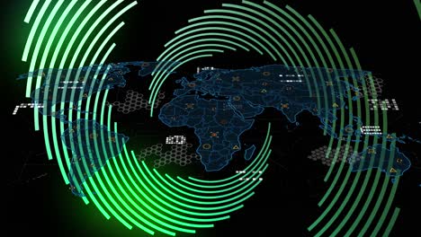 Animation-of-world-map-and-school-numbers-over-green-spiral-on-black-background