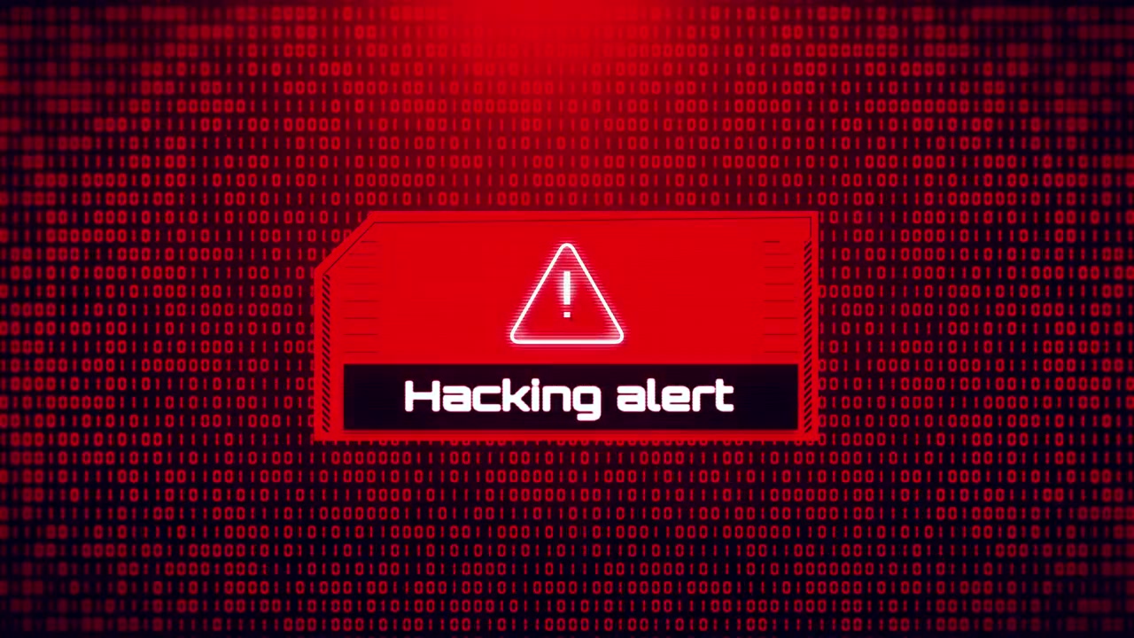 Attention danger symbol on dark red glitched background computer virus system hacked error sign