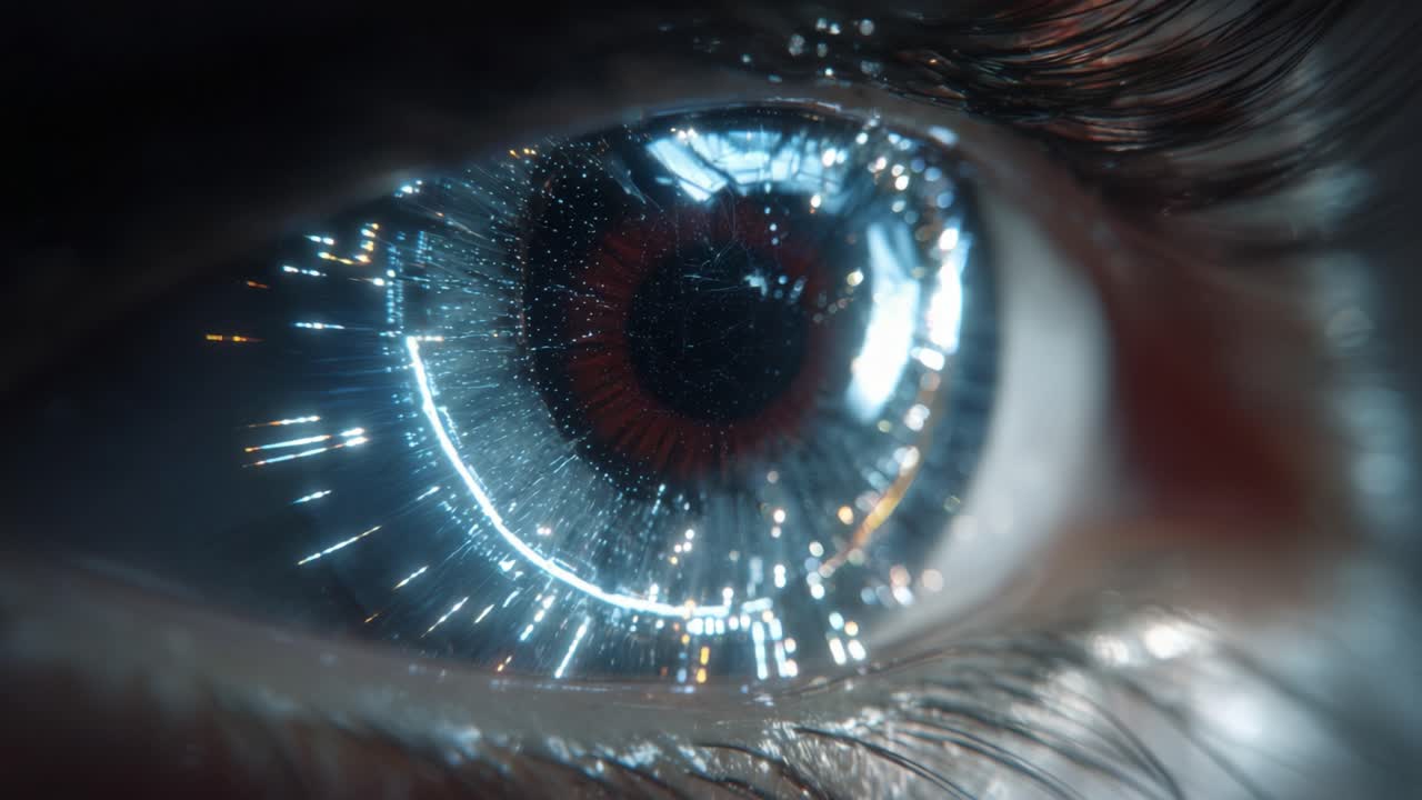 Extreme close up of a human eye with a futuristic holographic interface showing a data scan, as the iris changes color from blue to orange symbolizing an advanced biometric authentication system