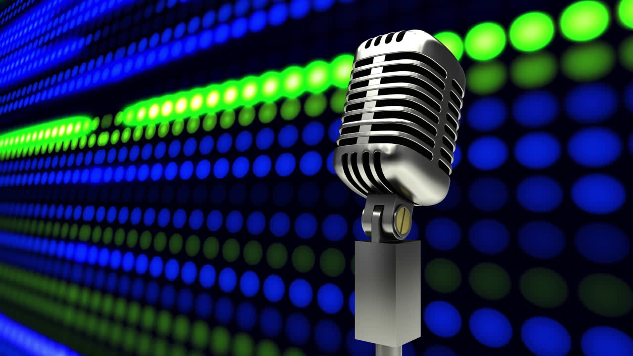 Microphone with colorful soundwave animation in background