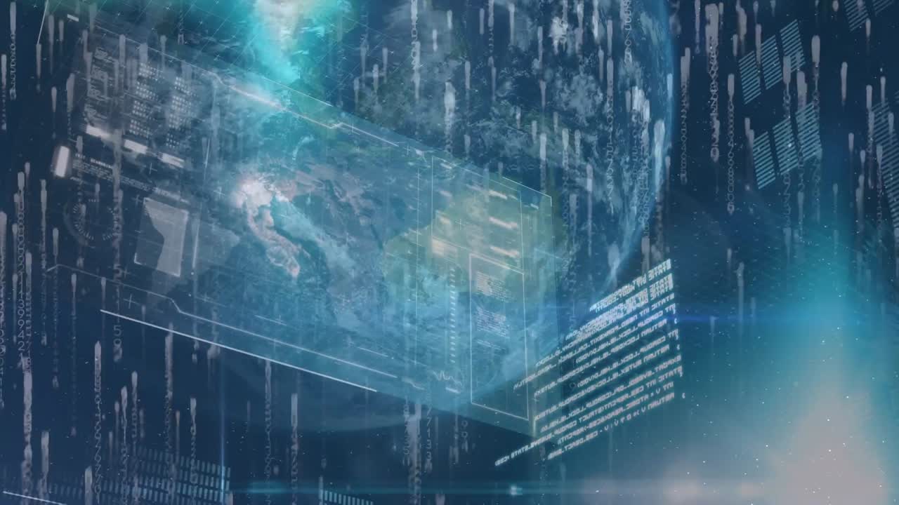 Animation of data processing over globe on blue background