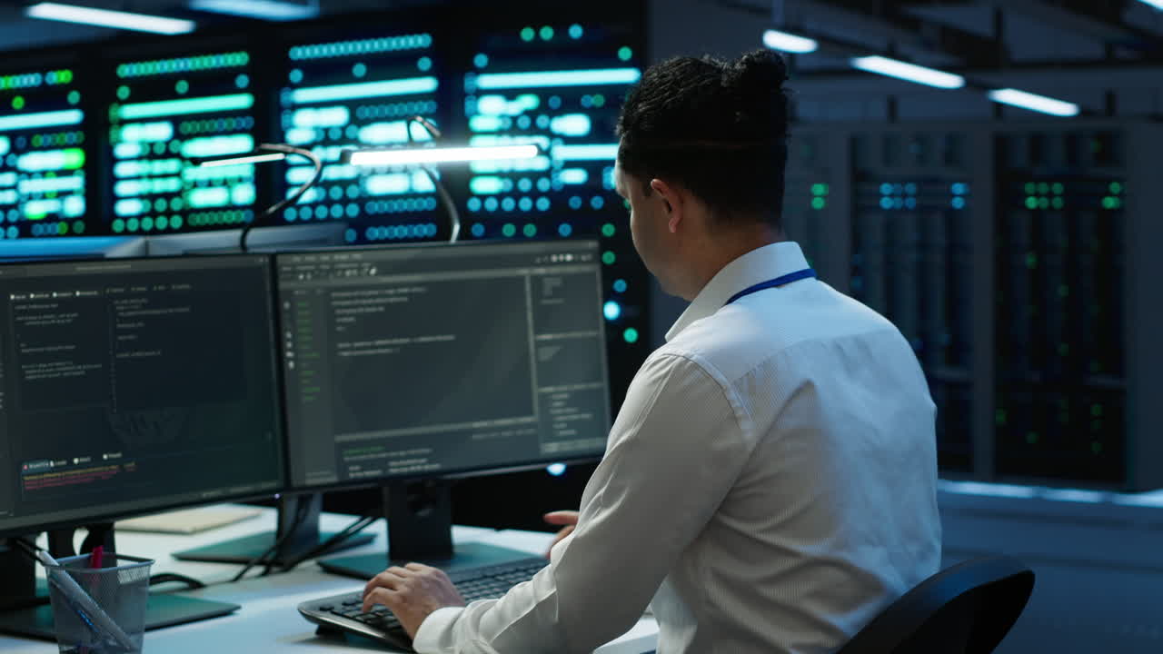 hombre en la sala de servidores rastreando el tráfico de la red