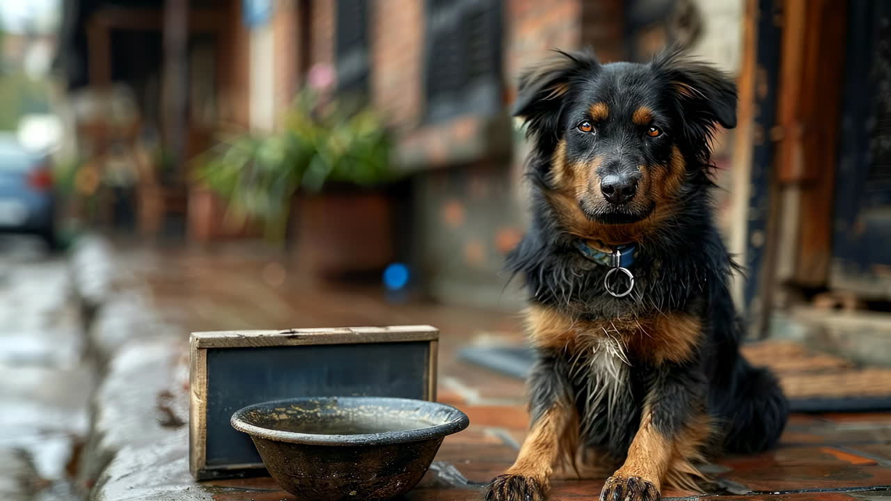 Dog waits outside shop, rainy. A wet dog sits patiently by a bowl near a shop entrance, looking hopeful for a snack on a rainy day